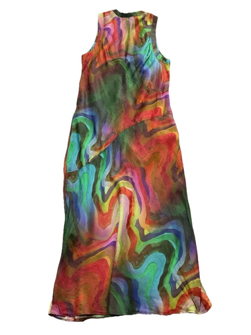 Raquel Allegra Dress Silk Rayon Print Kennedy Midi Multi Wave Size 00 Sleeveless - Picture 5 of 15